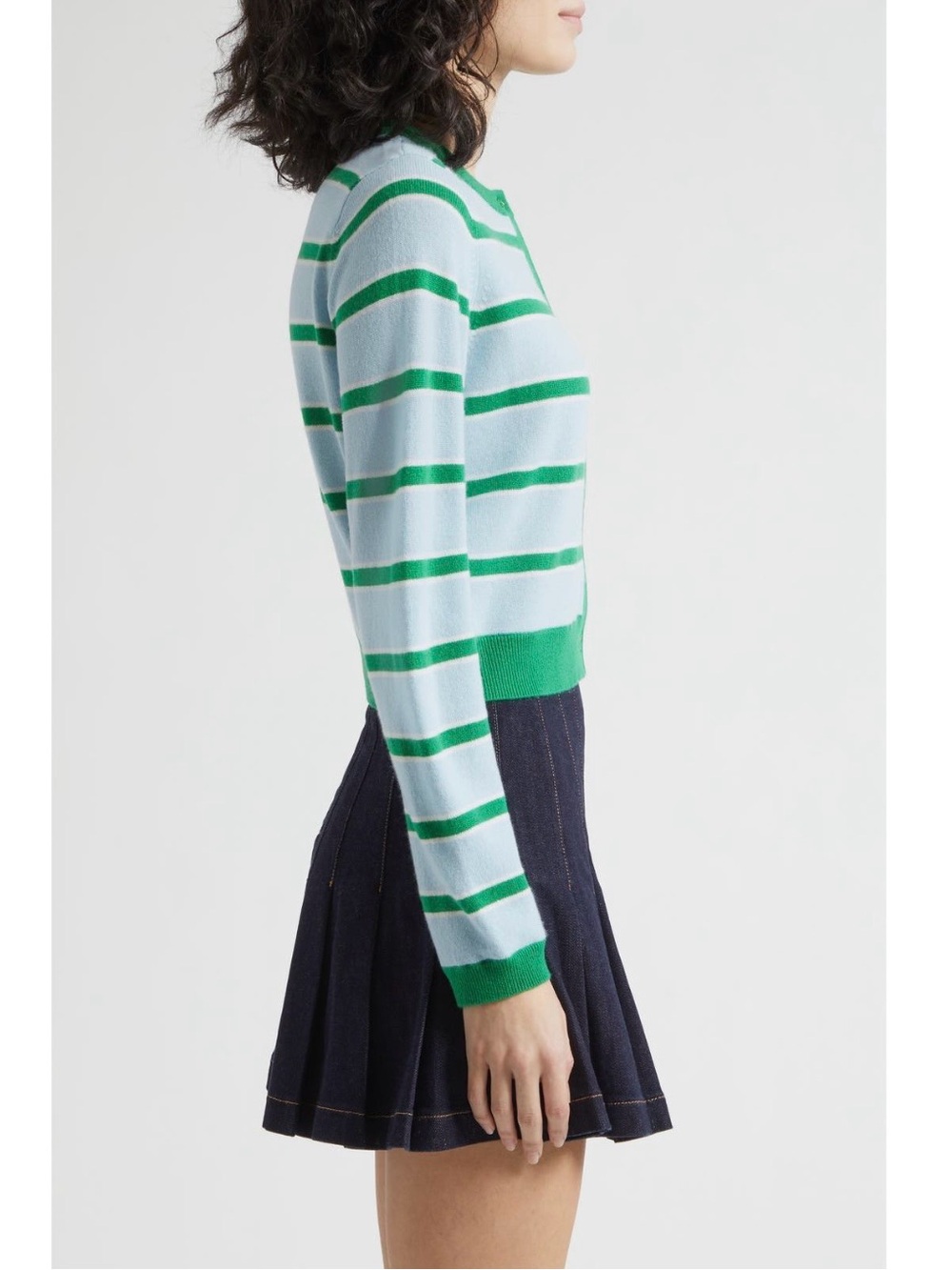ALICE + OLIVIA Dollie Stripe Crop Cashmere Cardigan Glamour Stripe Carolina Blue - Picture 3 of 9